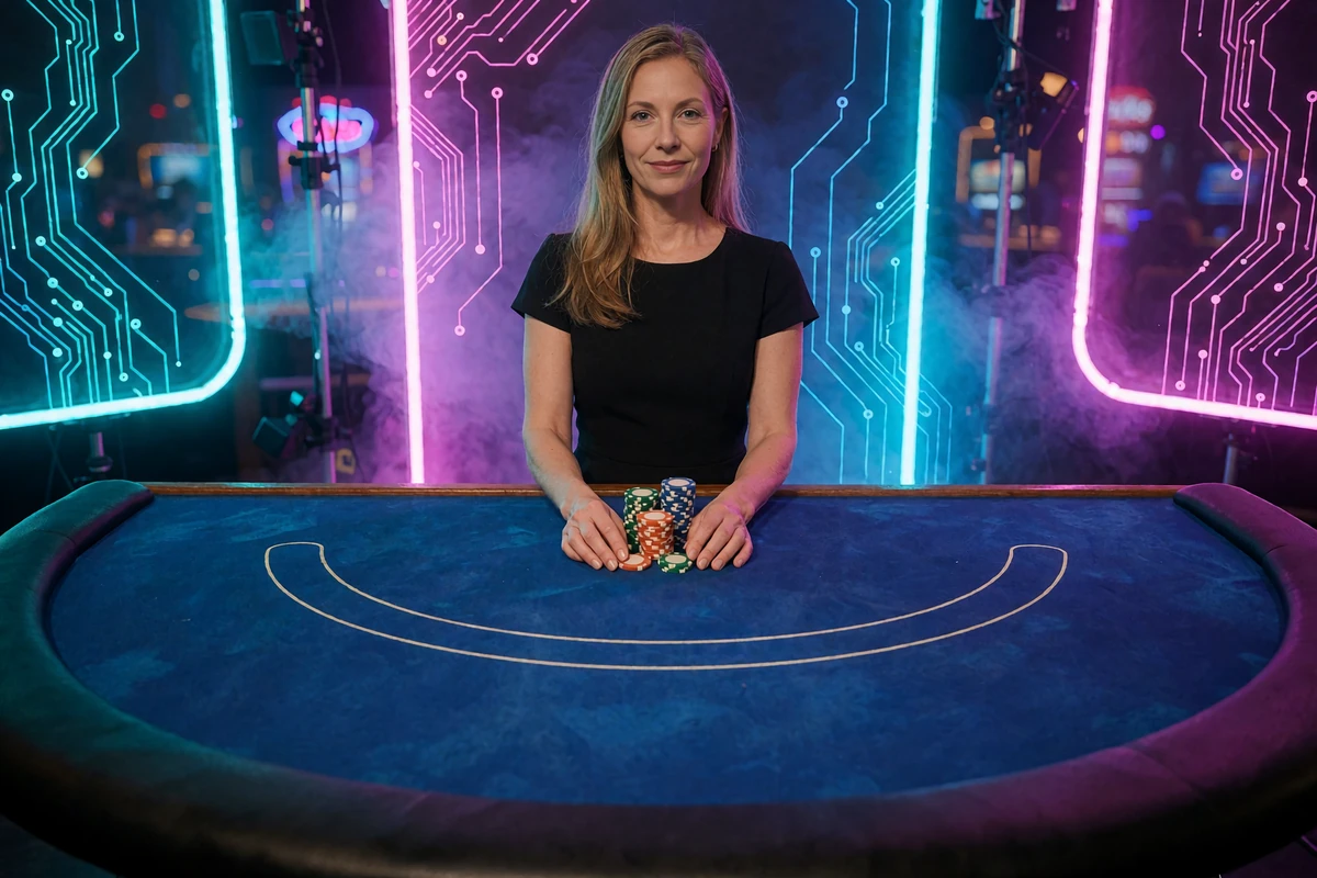 Krupierka przy stole do blackjacka w studiu kasyna live z neonowym oświetleniem - gra na żywo w V.Vegas Casino