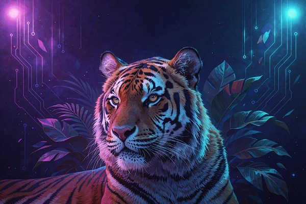 Portret tygrysa bengalskiego podświetlonego na r&oacute;żowo i cyjanowo wśr&oacute;d liści - slot z motywem dzikiej przyrody