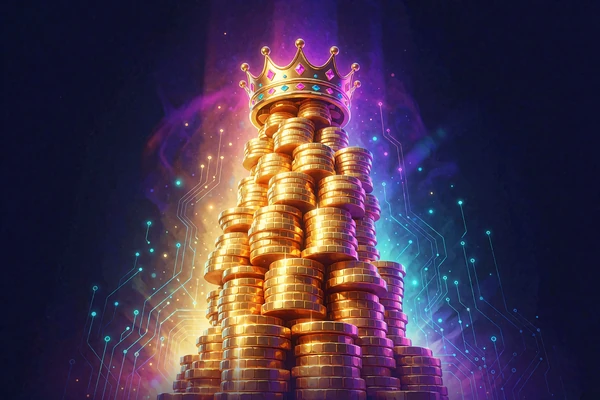 Złota korona z klejnotami na szczycie wieży ze złotych monet w fioletowej mgle - jackpot stały