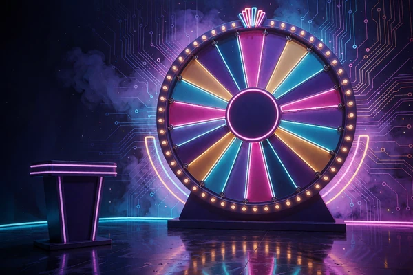 Wielkie pionowe koło nagr&oacute;d z lampkami i pusty pulpit prowadzącego w studiu telewizyjnym - game show live