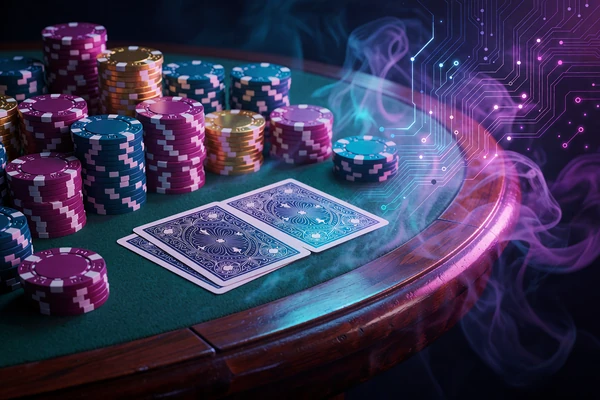Dwie pary zakrytych kart i stosy r&oacute;żowych, cyjanowych i złotych żeton&oacute;w na zielonym suknie - baccarat live