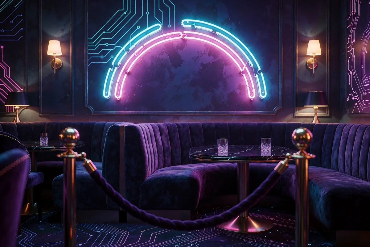Pusty klubowy salon VIP z aksamitną liną, ciemnofioletową kanapą i neonowym łukiem - program VIP kasyna V.Vegas