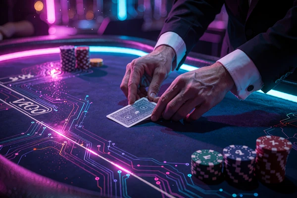 Dłonie krupiera w ciemnych rękawach przesuwają zakrytą kartę po niebieskim suknie obok stos&oacute;w żeton&oacute;w - blackjack live