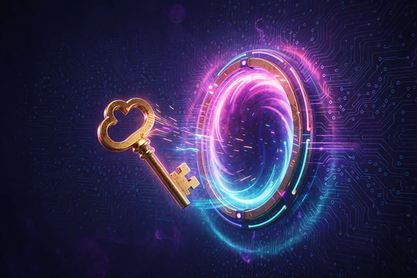 Złoty ozdobny klucz unoszący się obok portalu z r&oacute;żowo-cyjanowego światła - slot z zakupem rundy Bonus Buy