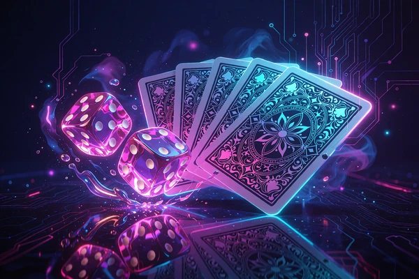 Dwie r&oacute;żowe kości do gry i wachlarz kart z ozdobnymi rewersami - neonowy slot w nocnym klimacie Vegas